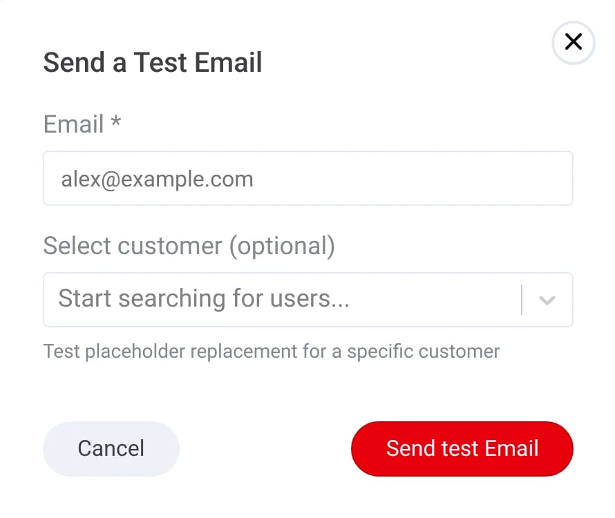 La ventana de Enviar un email de prueba con una dirección de email, un cliente opcional para sustituir placeholders y el botón Enviar email de prueba