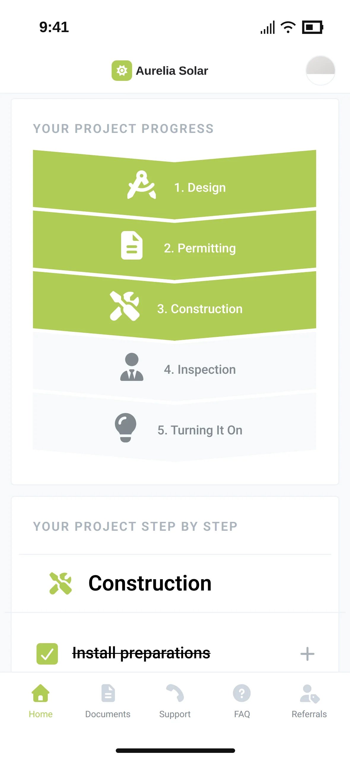 The homeowner app showing the project progress through Design, Permitting and Construction
