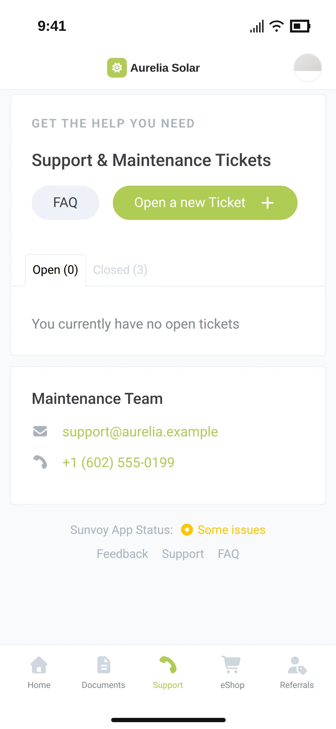 The homeowner app support page with the maintenance team's contact details
