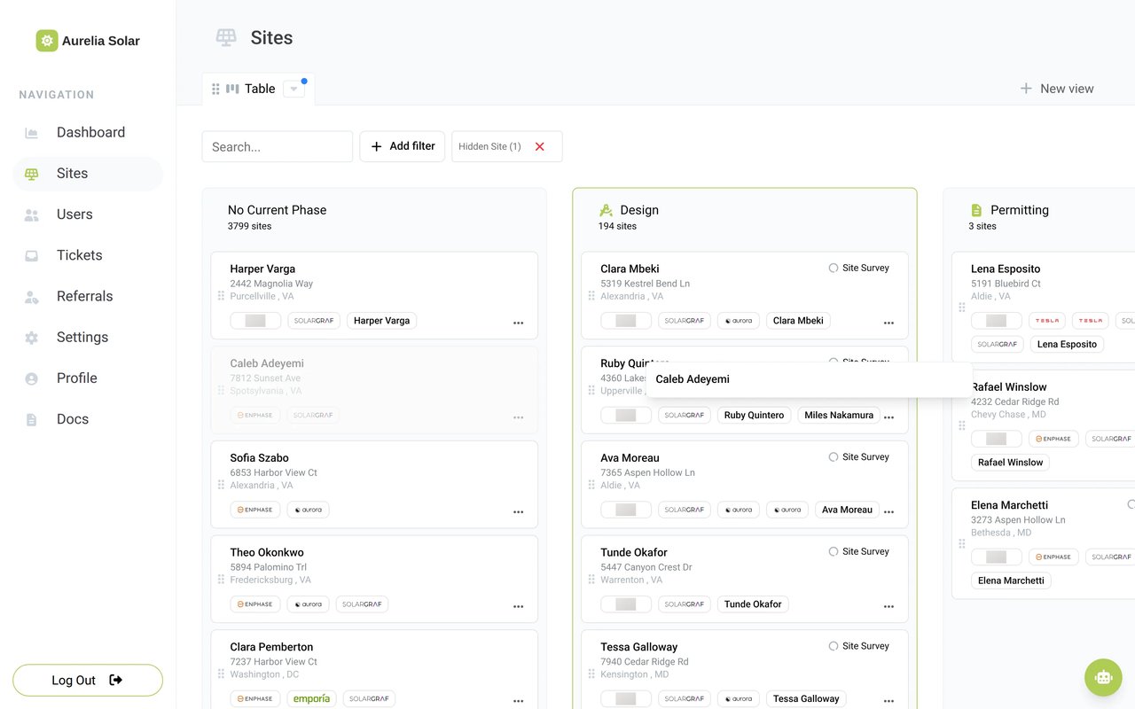 The Sites board in Sunvoy with a project card being dragged into the Design phase