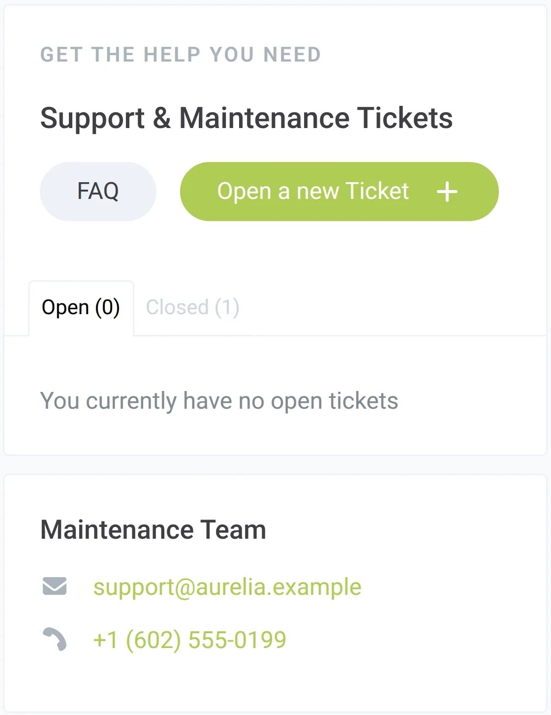 The homeowner app support page with the maintenance team's contact details