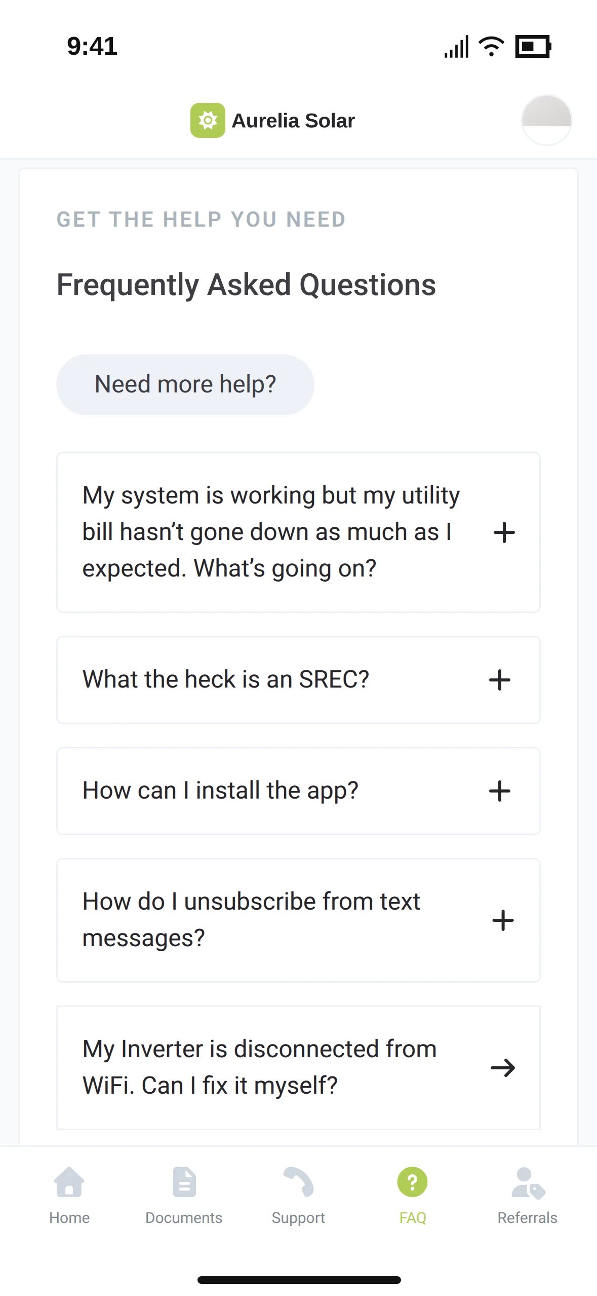 The Aurelia Solar FAQ with questions about the utility bill, SRECs, the app and an inverter without Wi-Fi