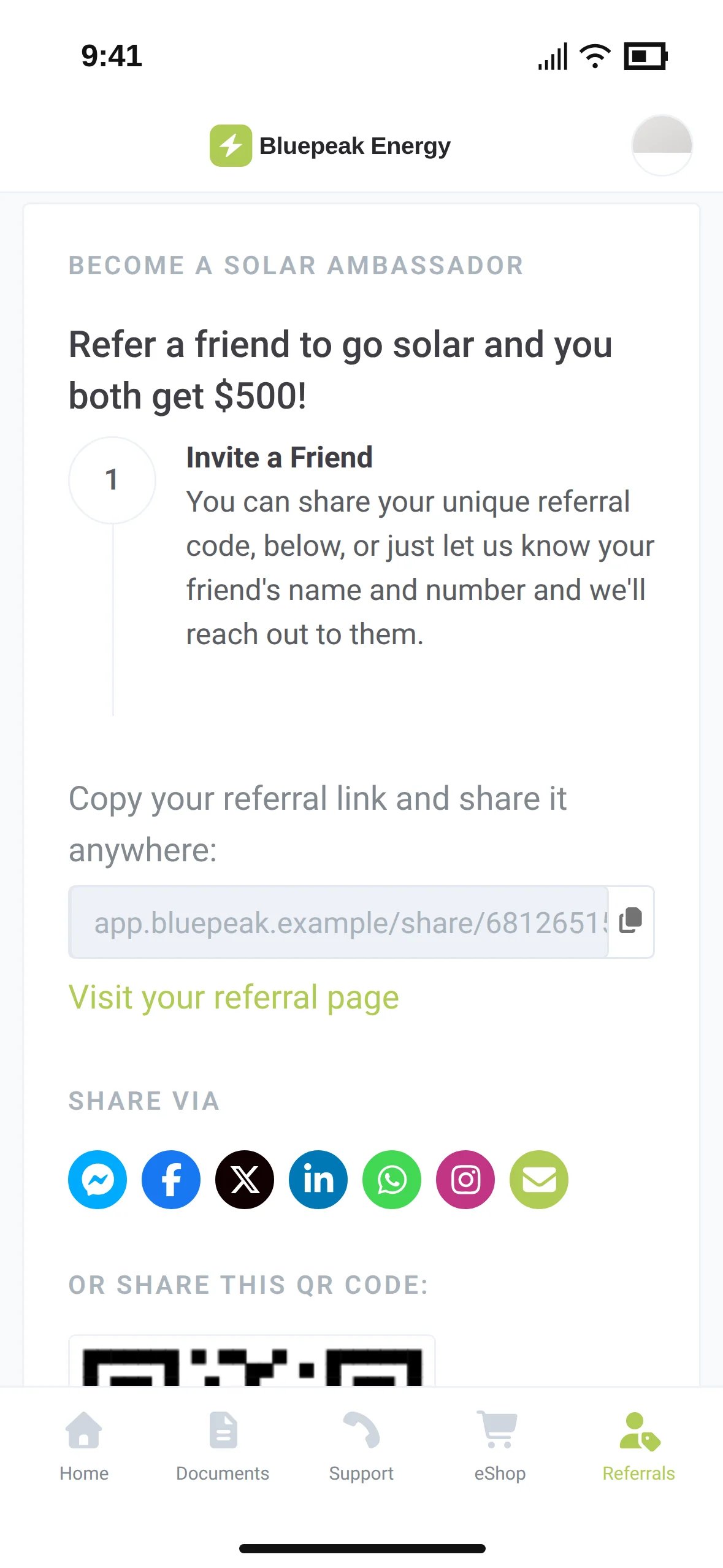 The Bluepeak Energy referral page with a personal share link and share buttons