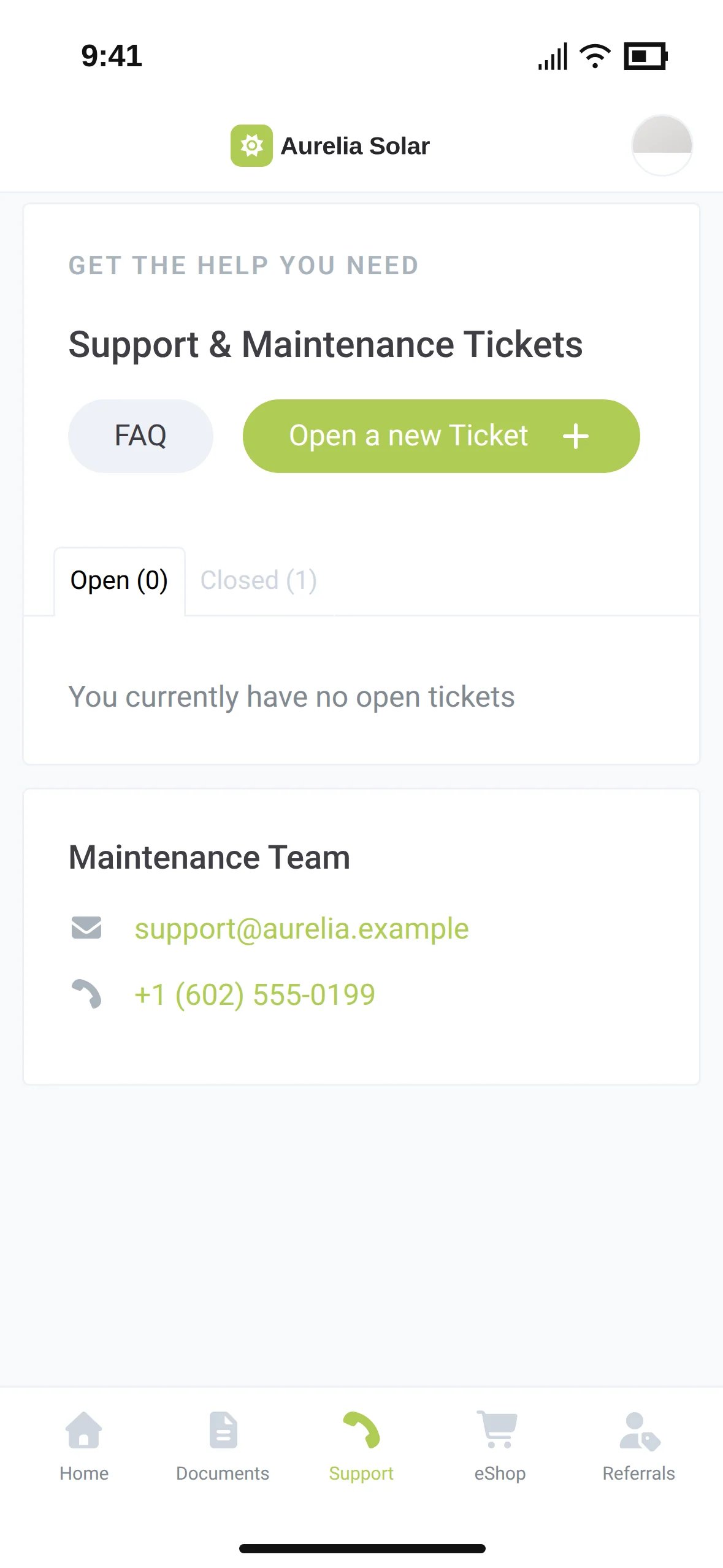 The Aurelia Solar support page with the button Open a new Ticket and the maintenance team's contact details