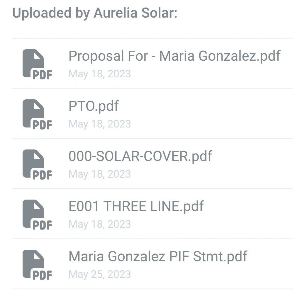 Un gros plan sur les fichiers d’Aurelia Solar dans l’app : la proposition, PTO.pdf, la fiche de présentation solaire, le schéma unifilaire et l’attestation de paiement intégral