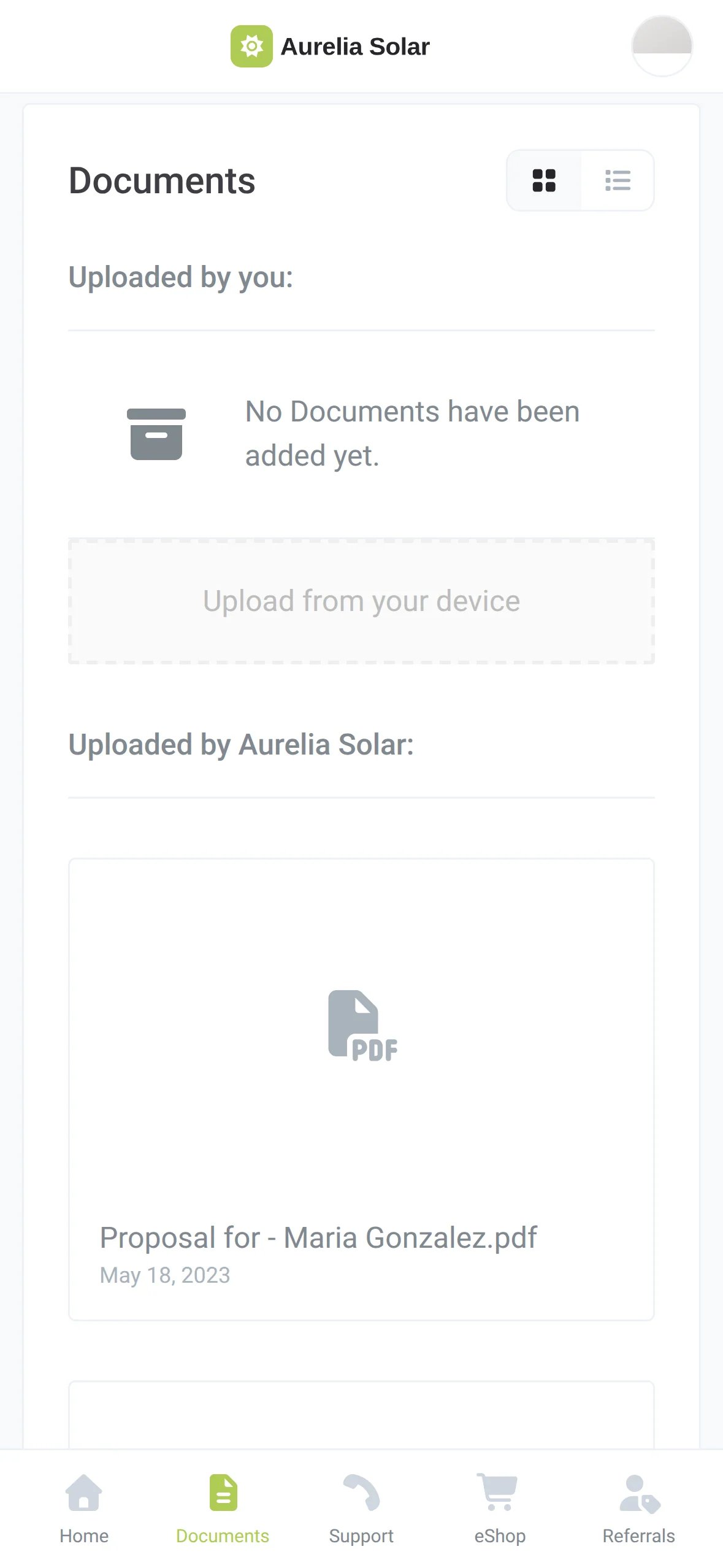 L’onglet Documents de l’app Aurelia Solar sur un téléphone, avec « Ajouté par vous », « Importer depuis votre appareil » et une proposition d’Aurelia Solar