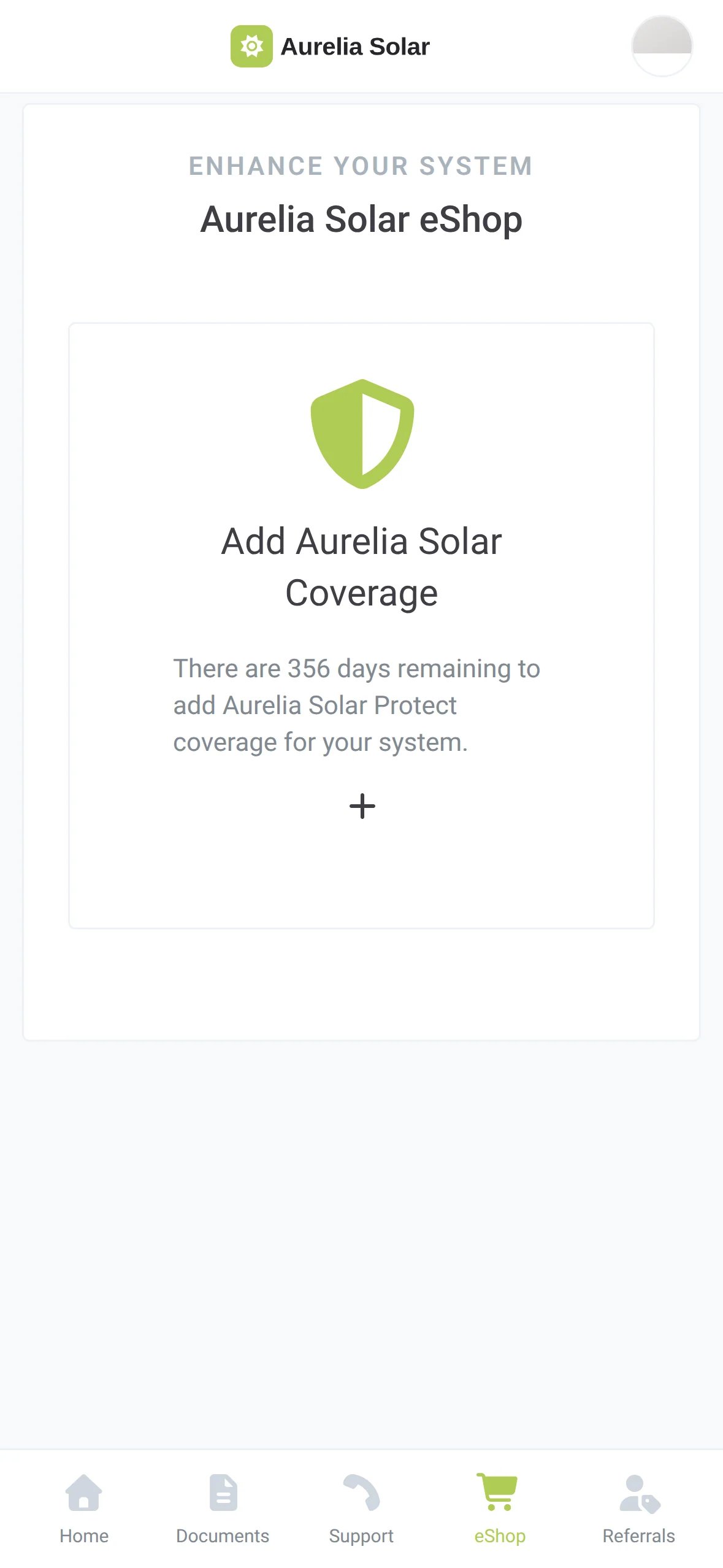 The eShop tab in the homeowner's Aurelia Solar app, showing the Add Aurelia Solar Coverage card and the eShop item in the bottom navigation