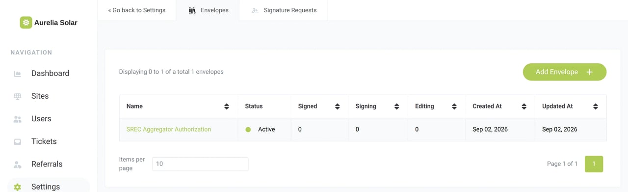 The Envelopes list in Sunvoy with the Signed, Signing and Editing counts of an active envelope