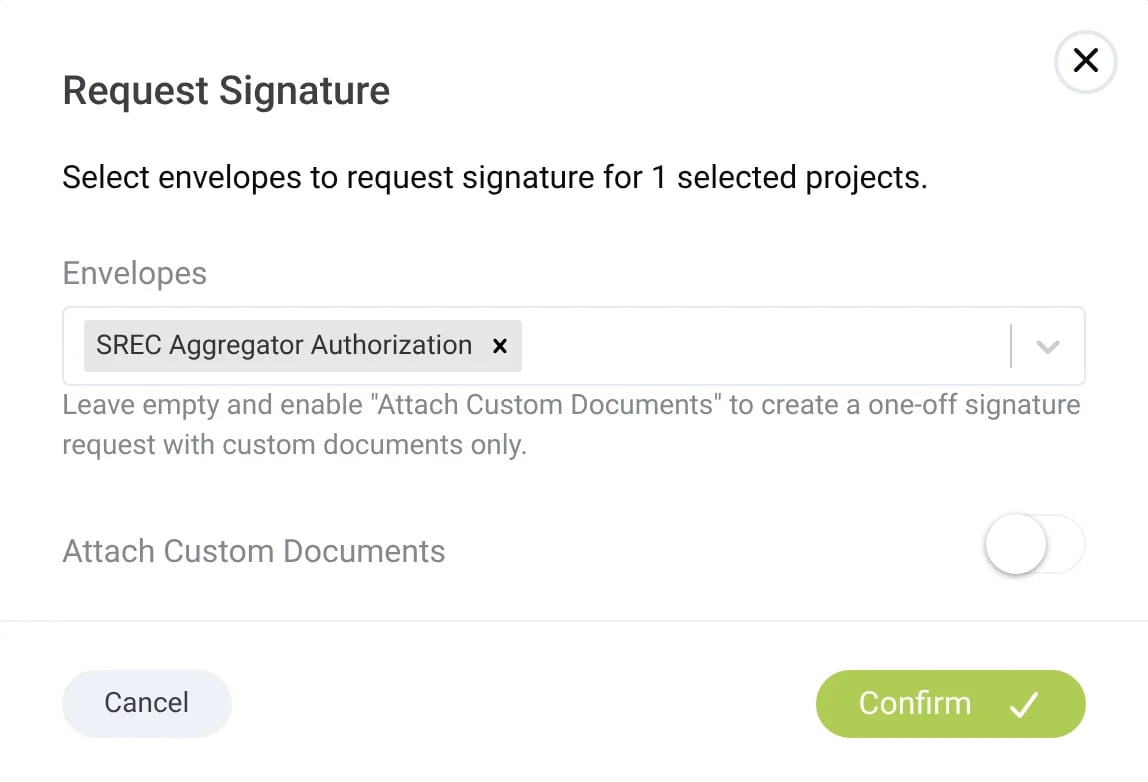 The Request Signature window in Sunvoy with an envelope selected for one project