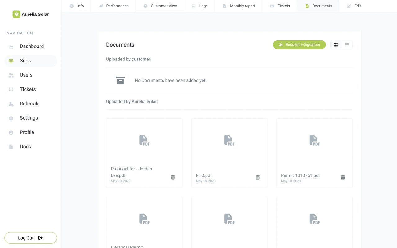 The Documents tab of a project in Sunvoy with the Request e-Signature button