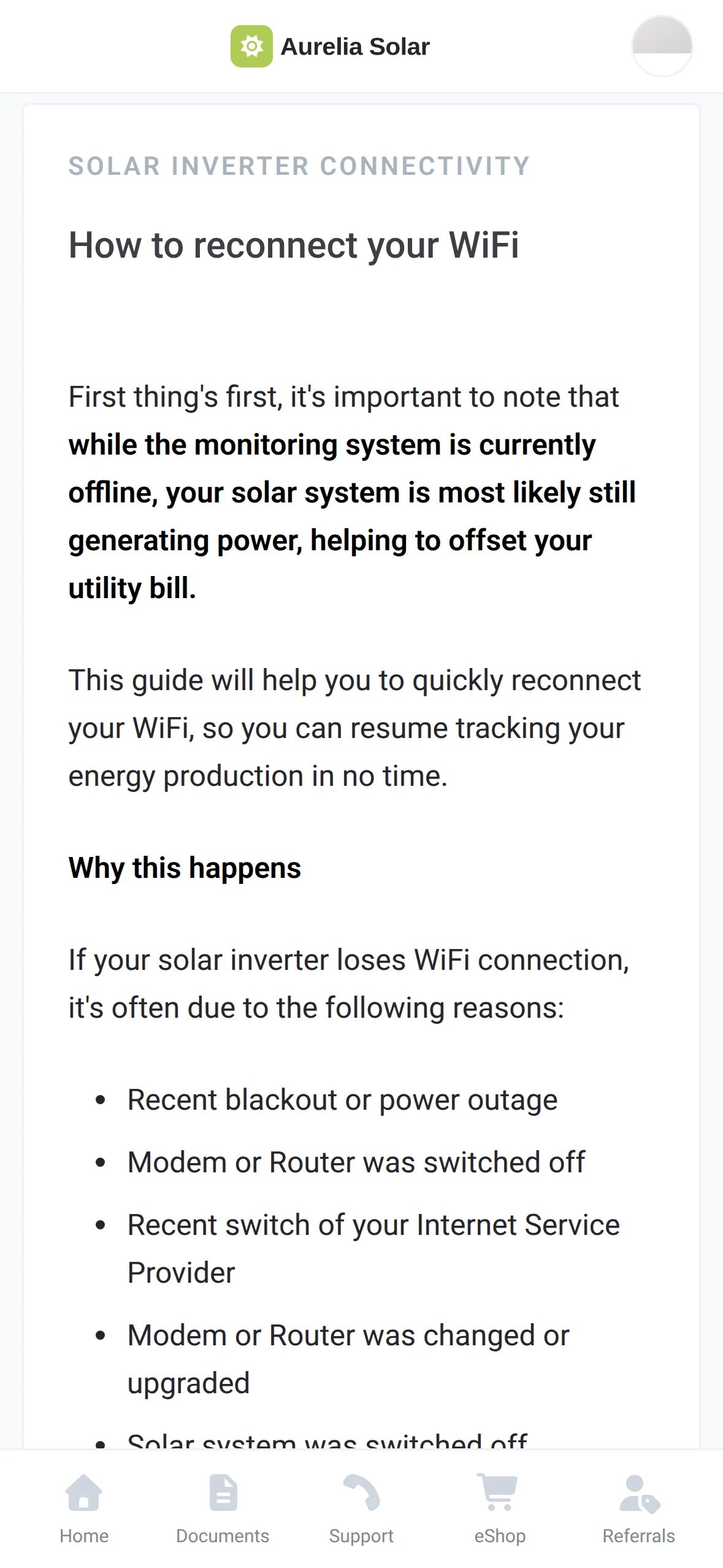 The WiFi reconnect guide in the homeowner app