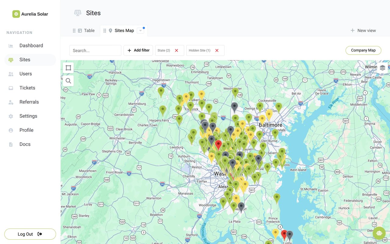 The Sites Map in Sunvoy with every connected site as a pin in its status colour