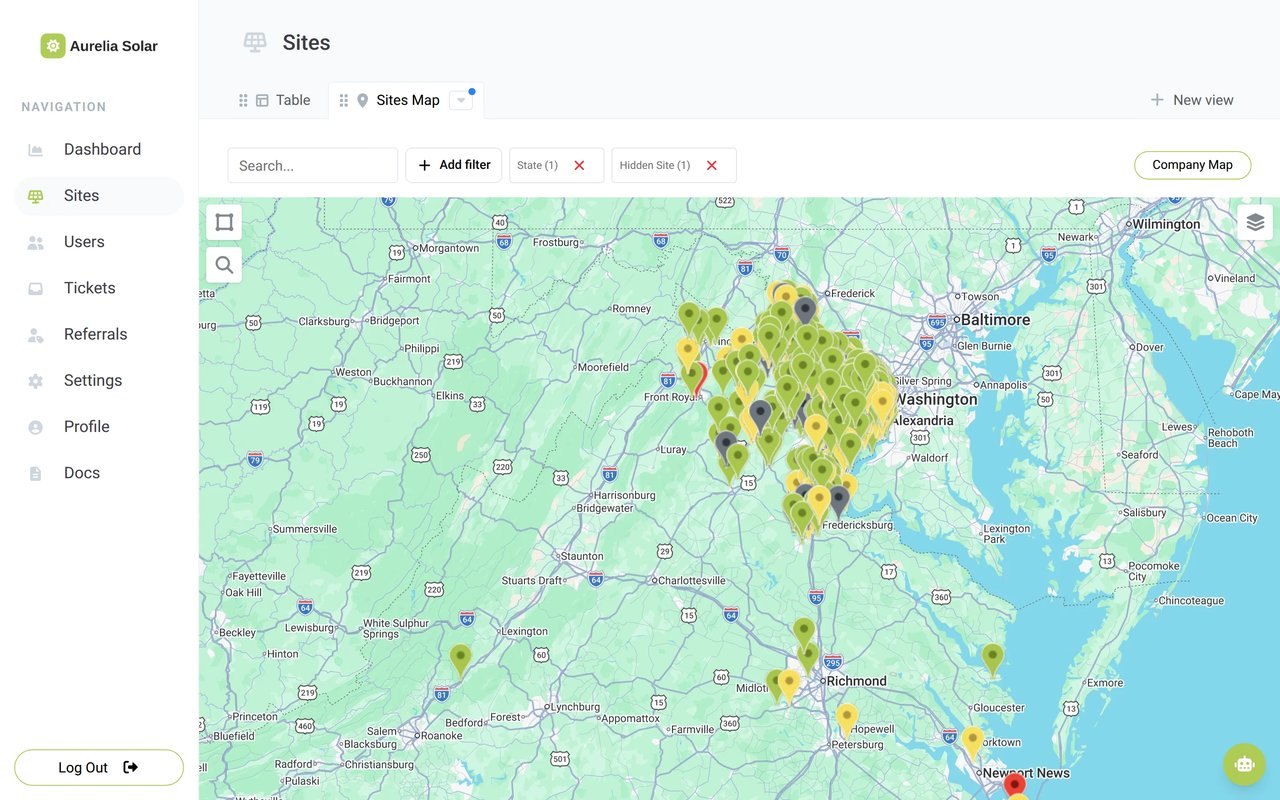 The Sites Map zoomed to one region, with every site as a green, yellow, red or black pin