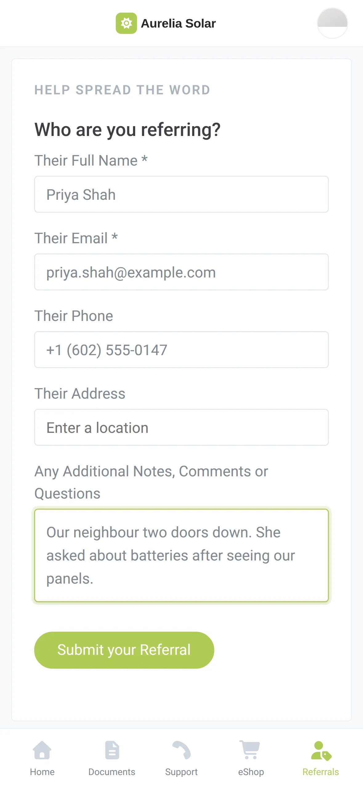 The Help spread the word form in the homeowner app, filled in with a friend's name, email, phone and a note about batteries