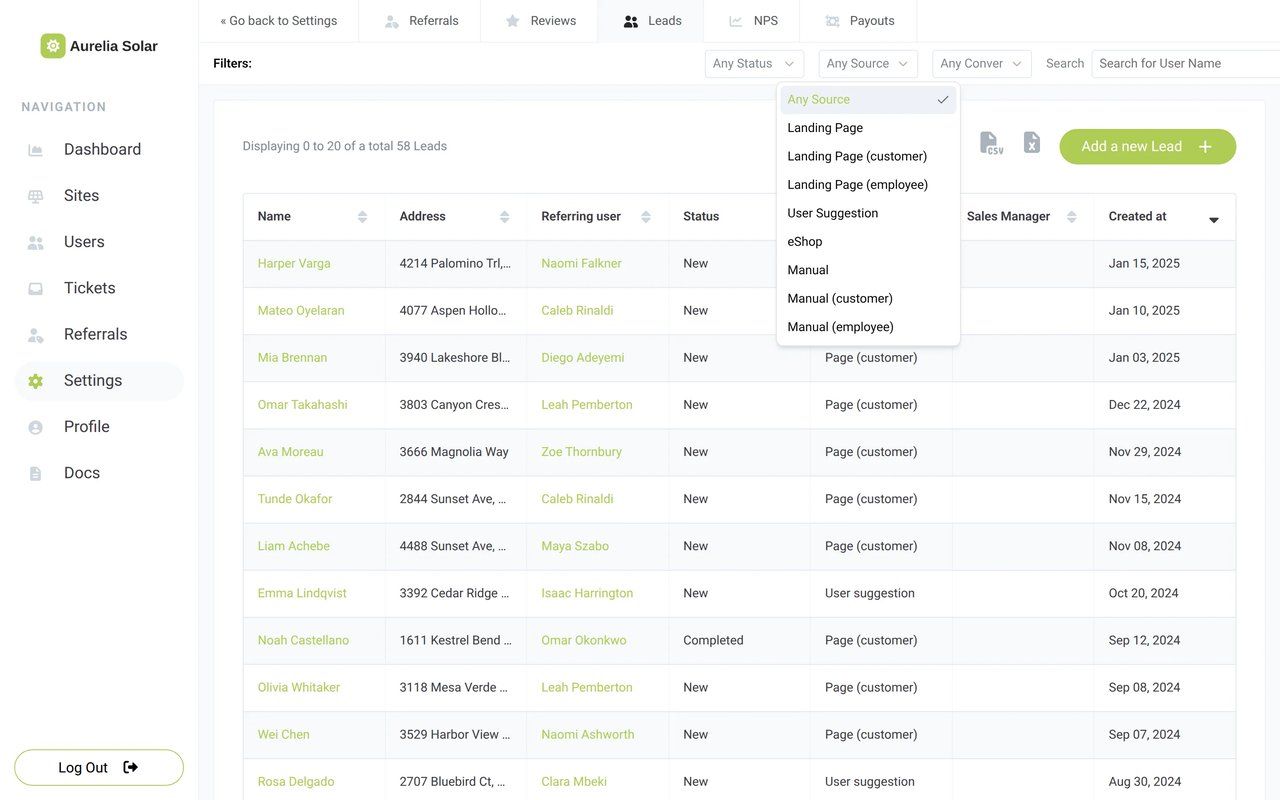 The installer's Leads list in Sunvoy with the source filter open: Landing Page (customer), Landing Page (employee), User Suggestion, eShop, Manual (customer) and Manual (employee)