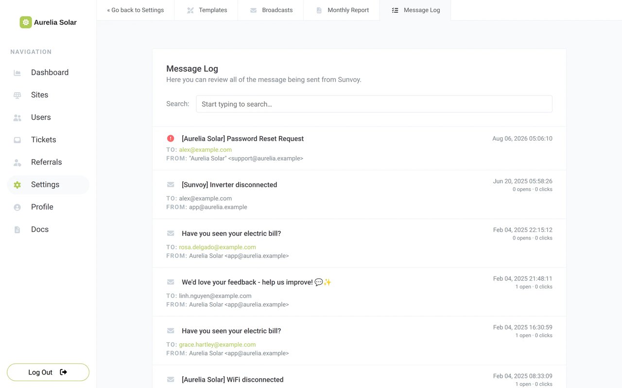 The Message Log in the Aurelia Solar settings with emails such as Have you seen your electric bill? and We'd love your feedback, each with recipient, sender, date, opens and clicks