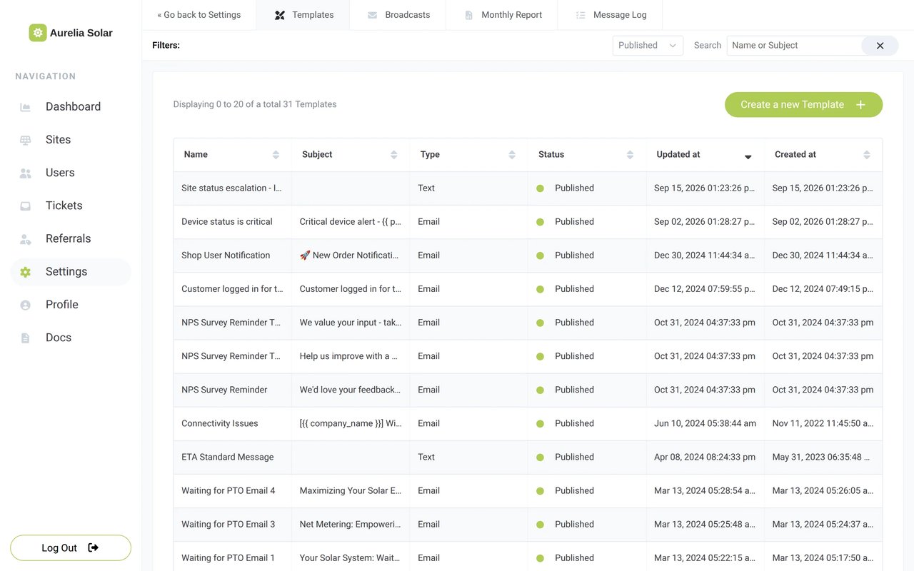 The Templates list in the Aurelia Solar settings with published email and text templates such as Device status is critical, NPS Survey Reminder and Waiting for PTO Email 1 to 4