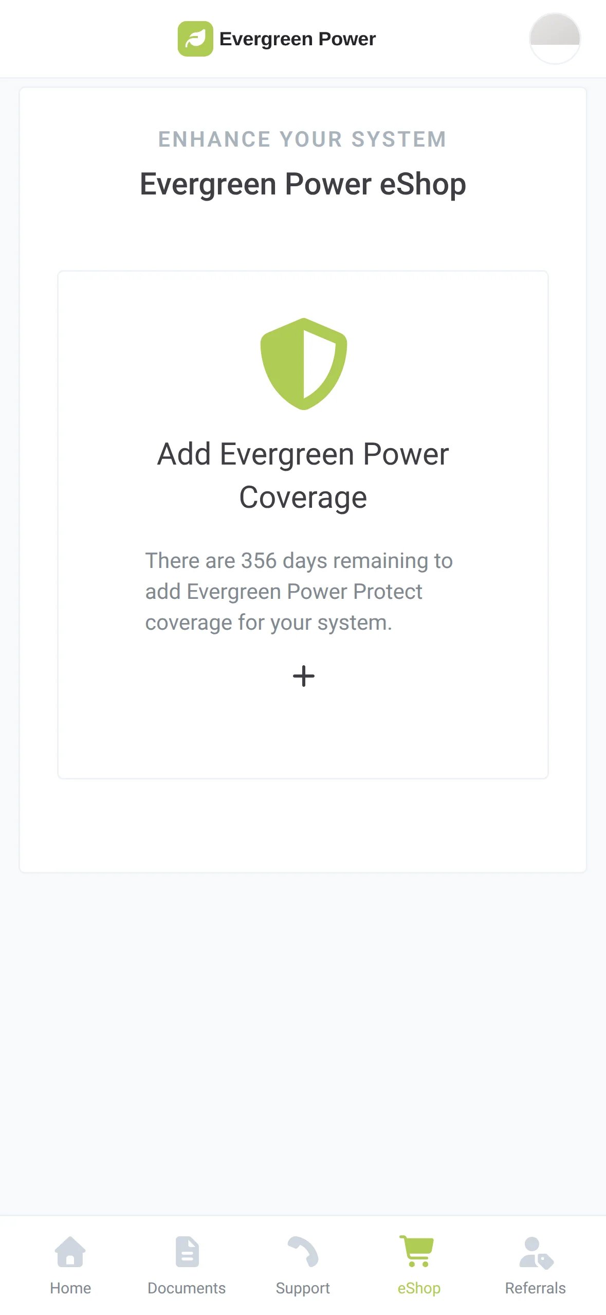 The eShop in a homeowner's branded app offering the installer's own coverage, with the days left to add it
