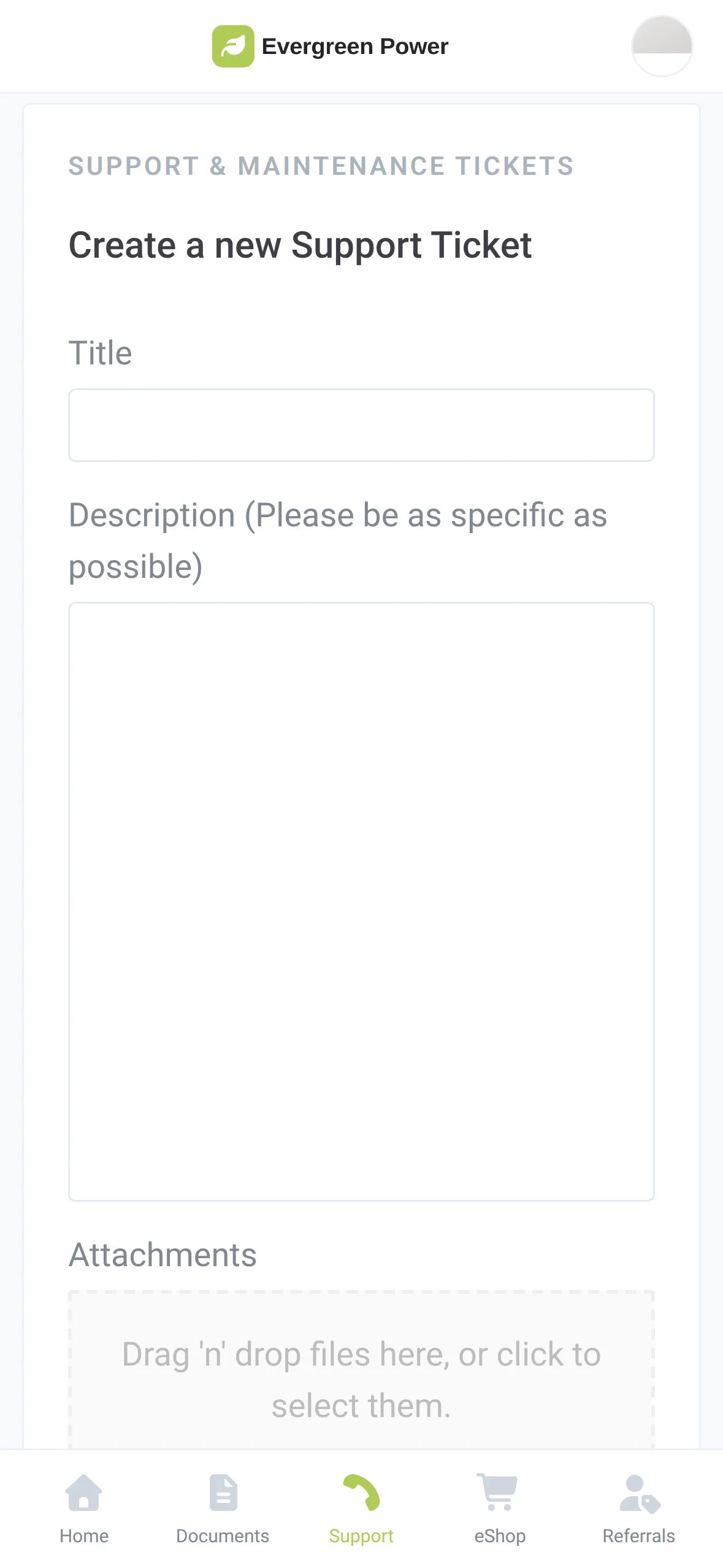 The Create a new Support Ticket form in a homeowner's branded app with title, description and attachments