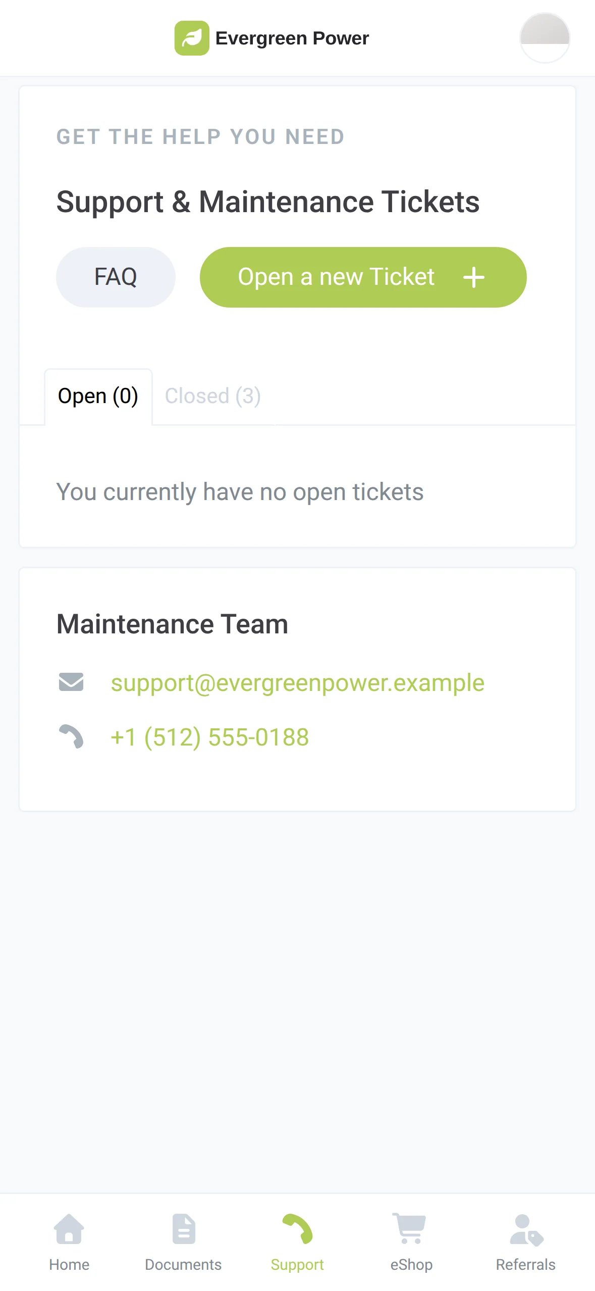 The Support & Maintenance Tickets page in a homeowner's branded app, with a button to open a new ticket and the maintenance team's contact details