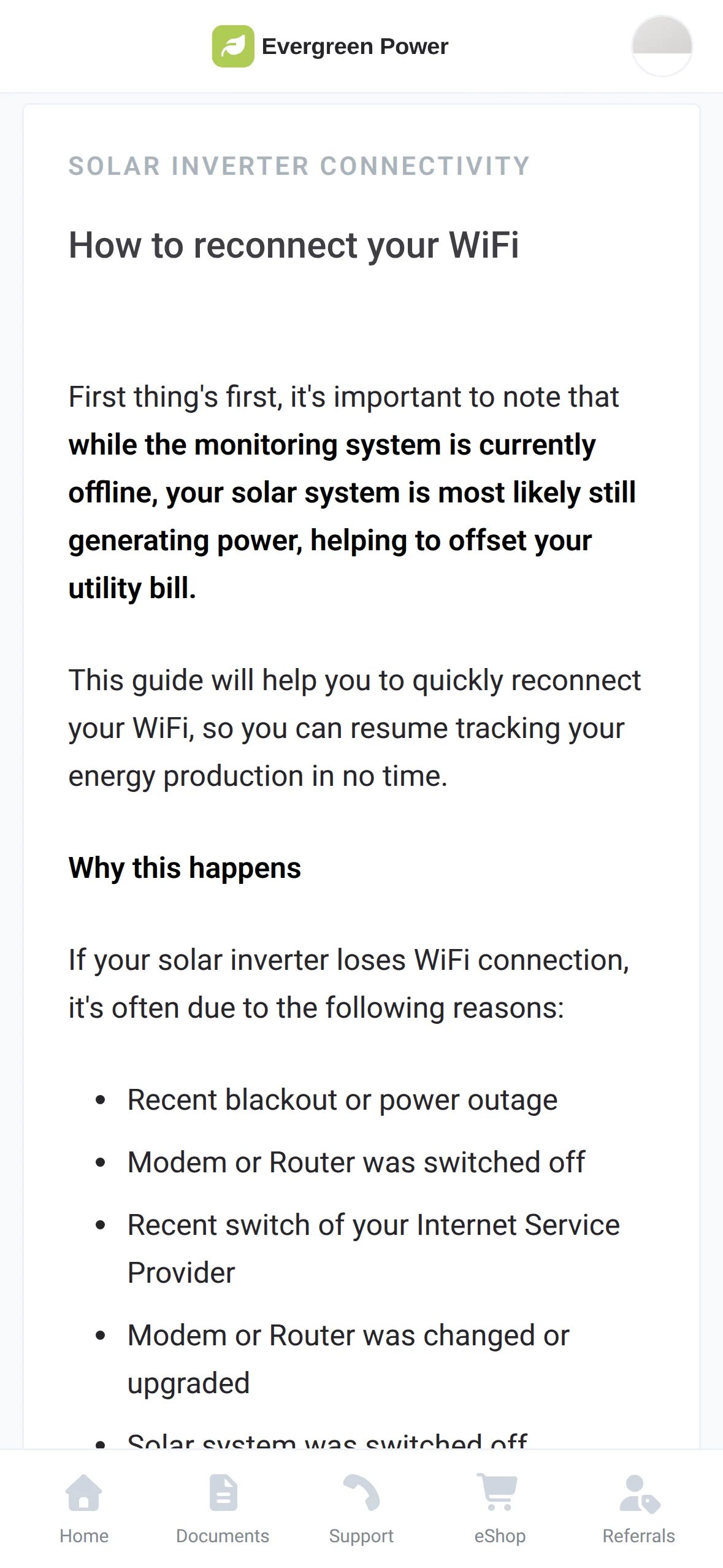 The How to reconnect your WiFi page in a homeowner's branded app, with the guide for their inverter brand