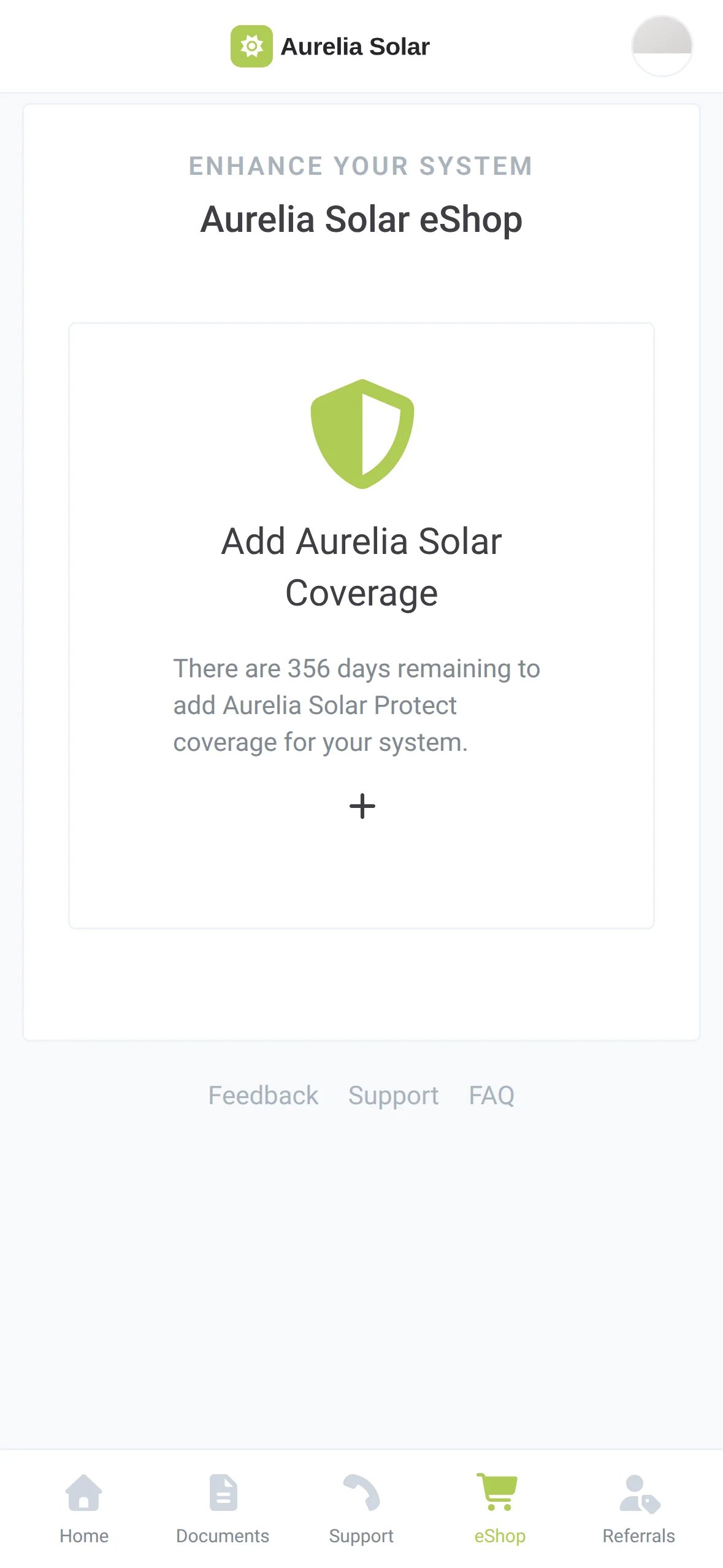 Der eShop-Tab in der gebrandeten App eines Hausbesitzers. Aurelia Solar eShop mit der Kachel „Add Aurelia Solar Coverage“ und den verbleibenden Tagen, um Schutz abzuschließen.