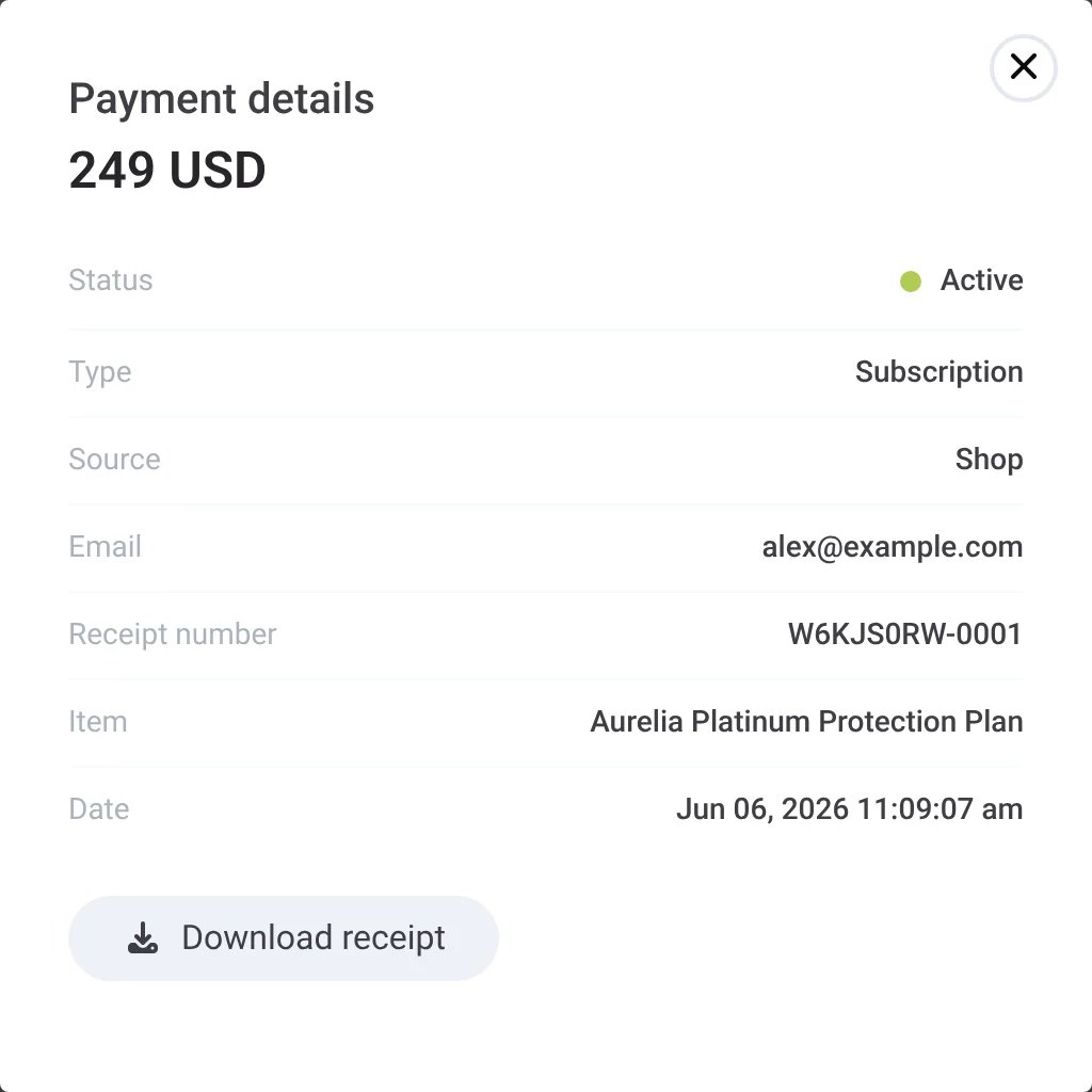 The Payment details window in Sunvoy for a protection plan subscription: status Active, type Subscription, source Shop, email, receipt number, item, date and a Download receipt button