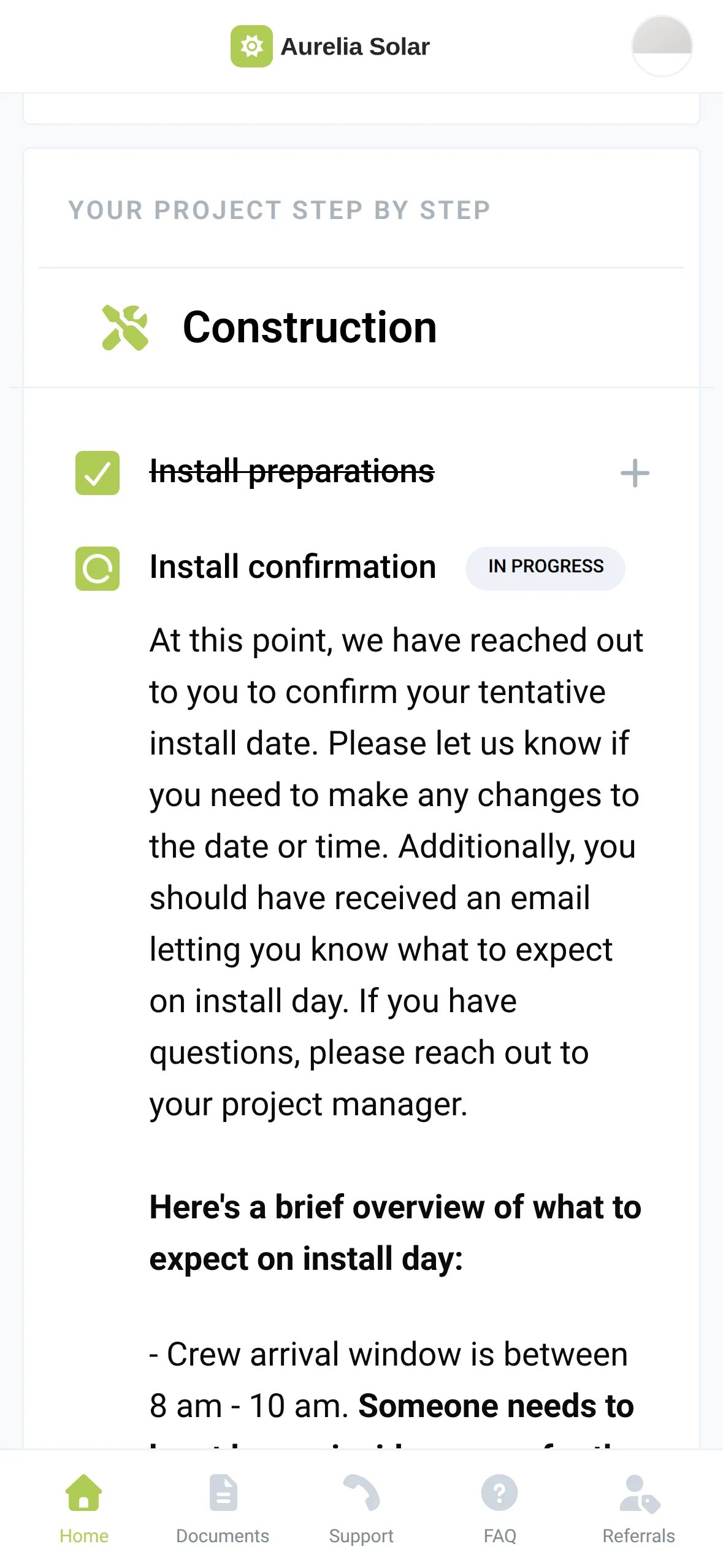 The Aurelia Solar app in the Construction phase: Install preparations checked off and Install confirmation in progress with a description of install day