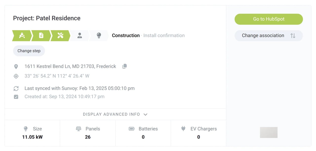 A project in Sunvoy with its phase icons, the line Construction · Install confirmation and the Change step button