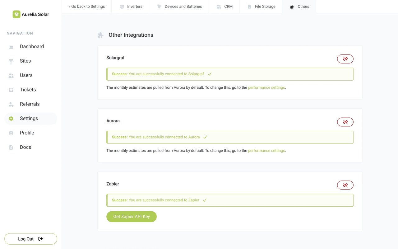 Other Integrations in the Sunvoy settings with Solargraf and Aurora connected