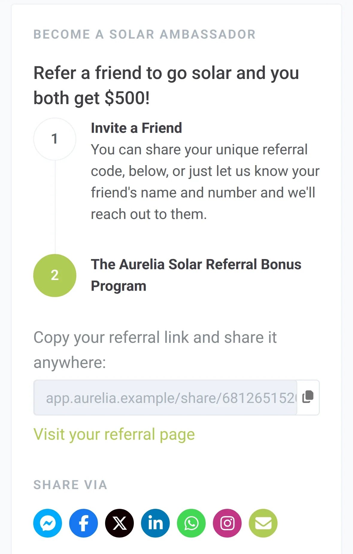 The Referrals tab in the homeowner app with the referral program, a personal link and share buttons