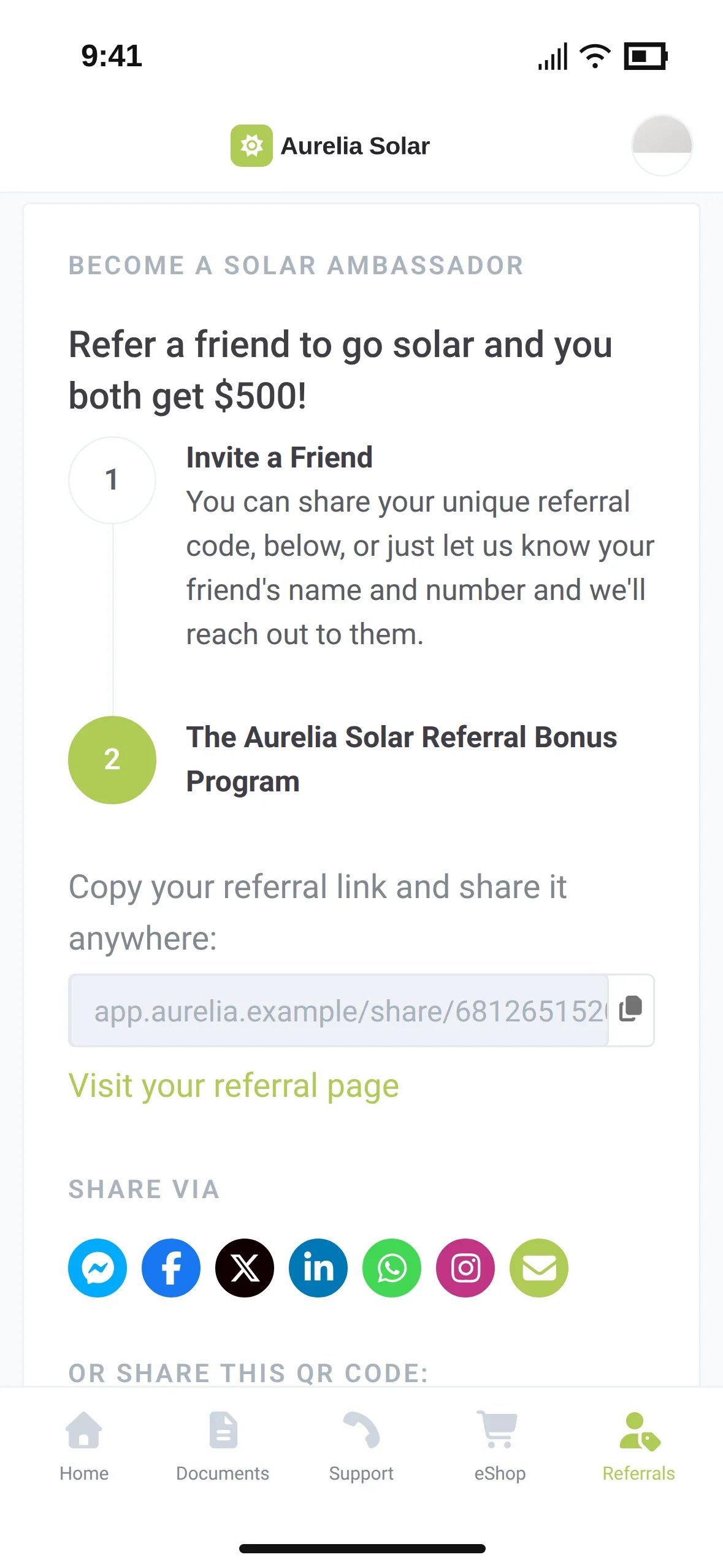 The Referrals tab in the homeowner app with the referral program, a personal link and share buttons