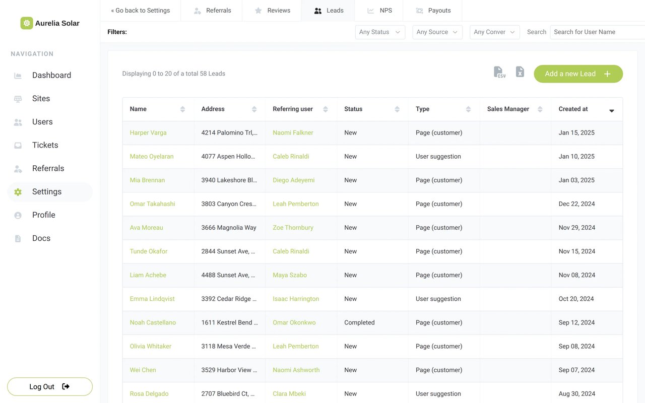 The Leads list in Sunvoy with the referring user, the status and the type of each referral