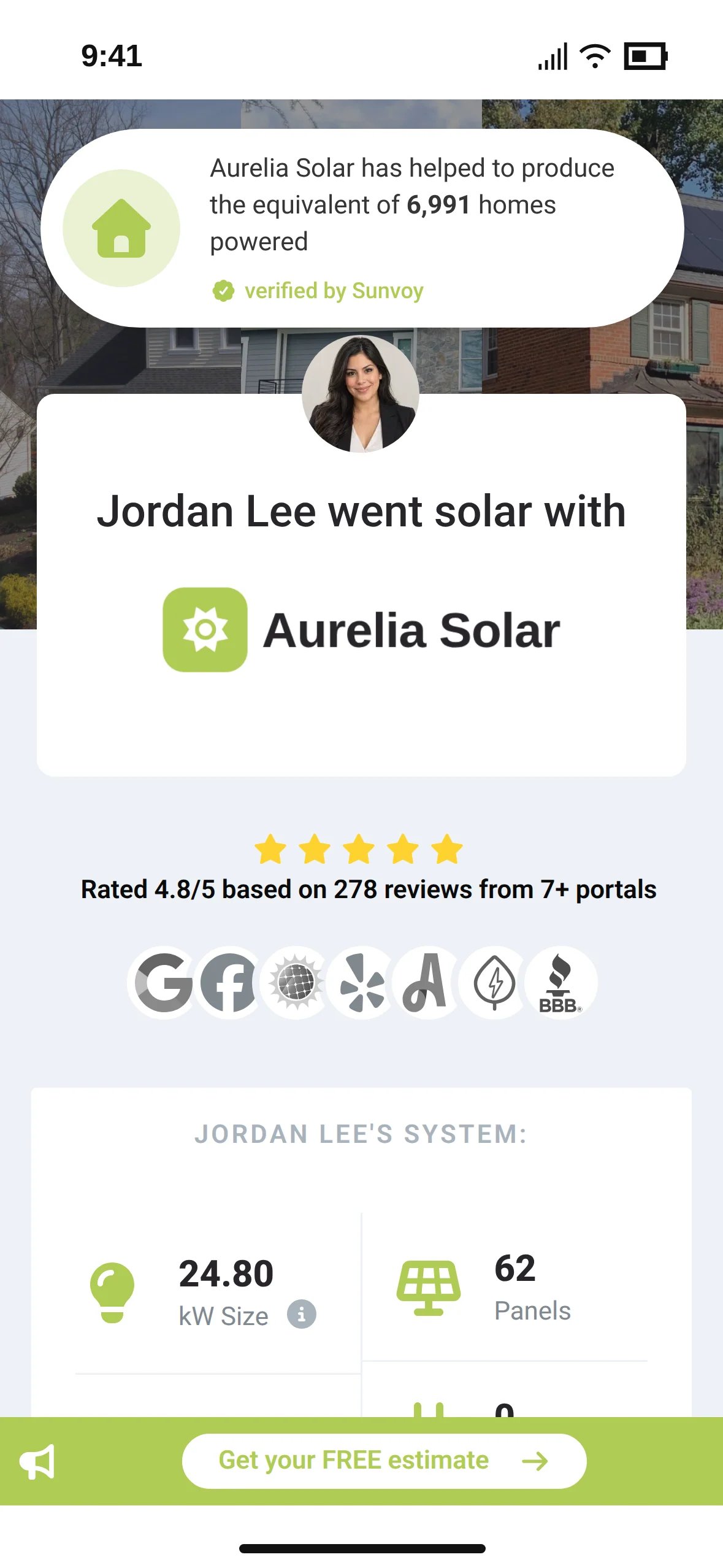 The share page with the referring customer's photo, the installer's rating from seven review portals and the system details