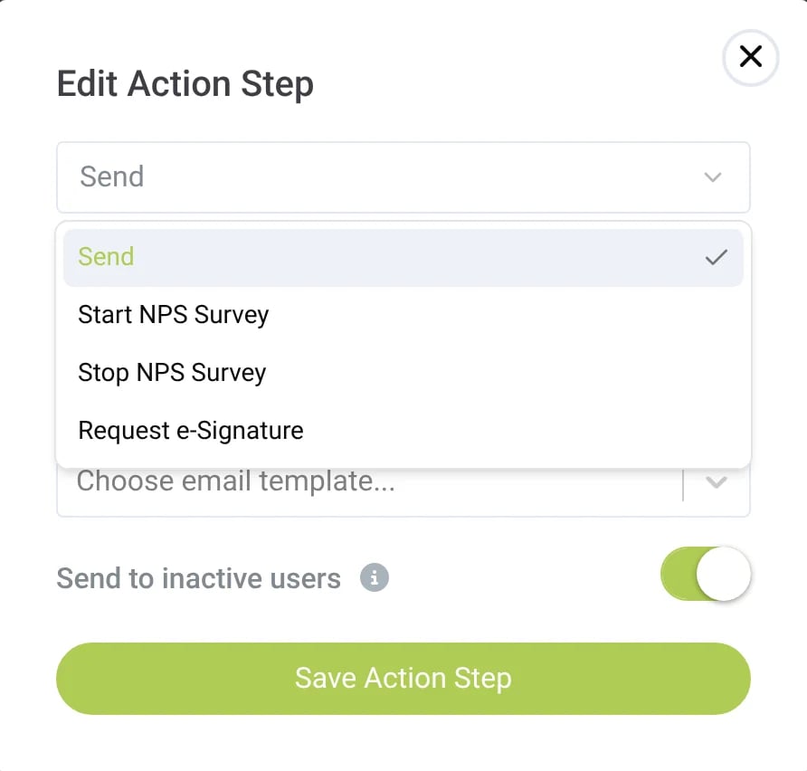 The Edit Action Step dialog of the automation builder with the actions Send, Start NPS Survey, Stop NPS Survey and Request e-Signature