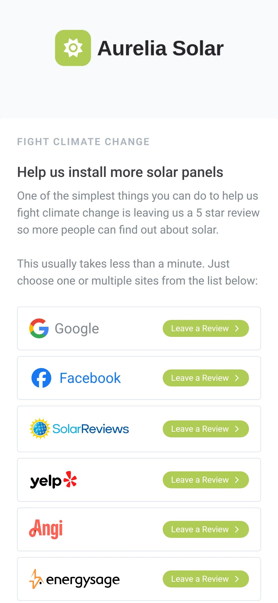 The installer's branded review page on a phone, with Leave a Review buttons for Google, Facebook, SolarReviews, Yelp and Angi