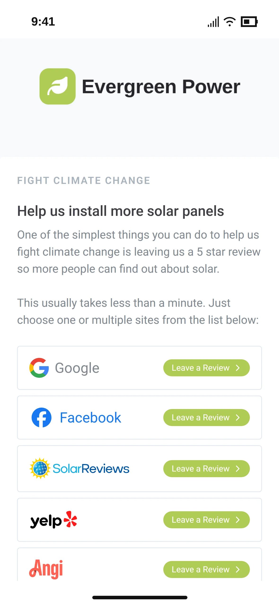 The review page in the installer's colors with buttons for Google, Facebook, SolarReviews, Yelp and Angi