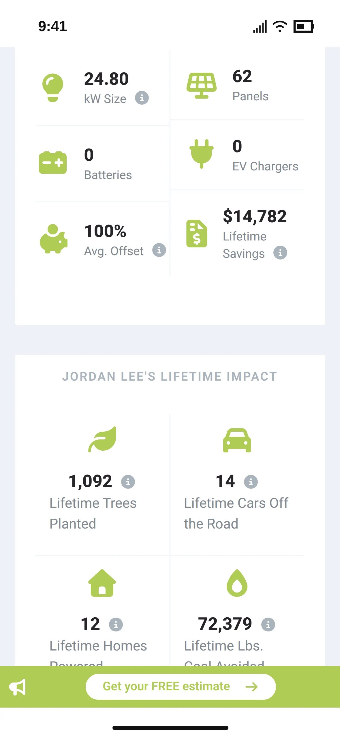 A homeowner's referral page with their system's lifetime savings and impact and a free estimate button