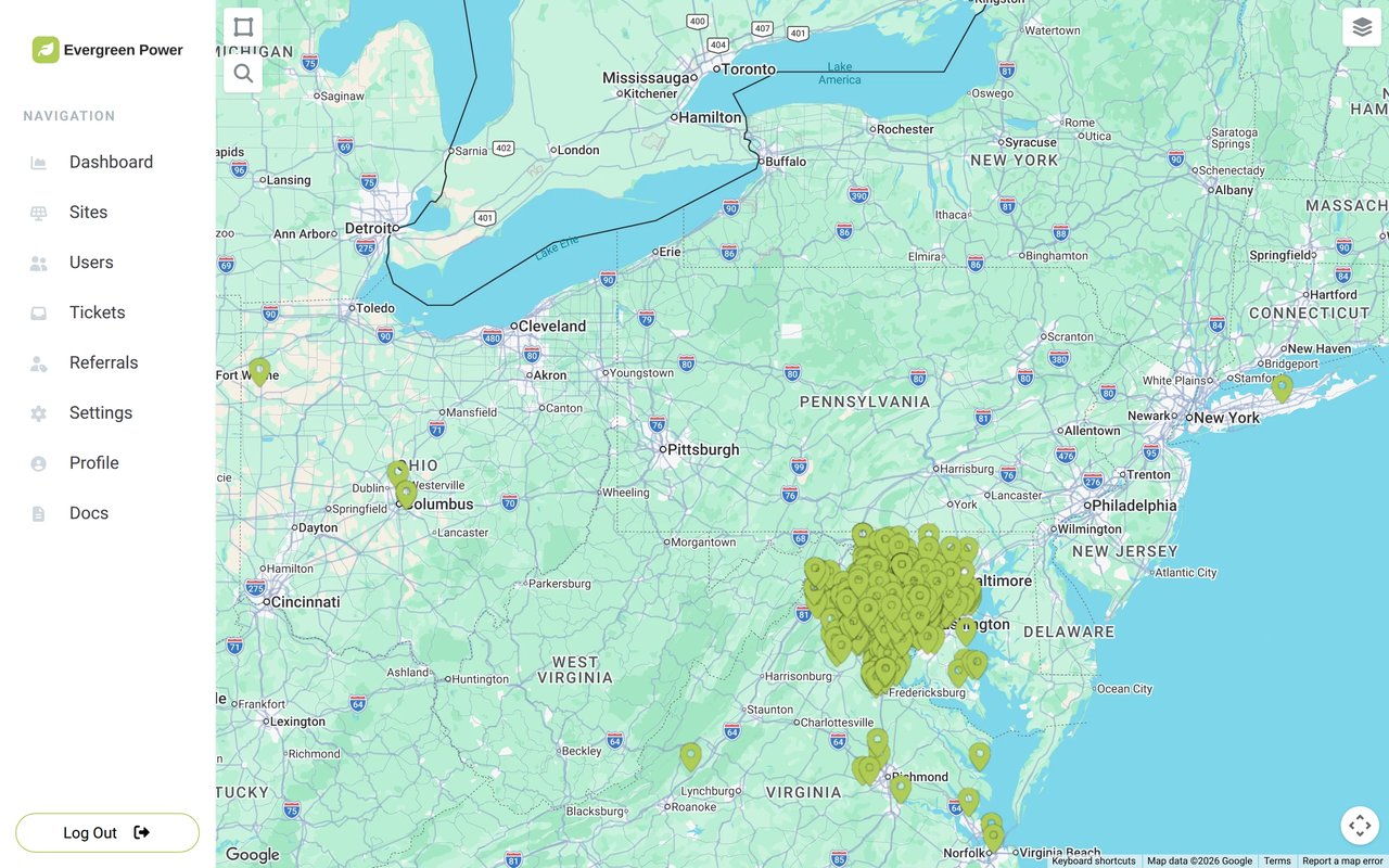 The Sales Map in Sunvoy with hundreds of installed systems around one metro area