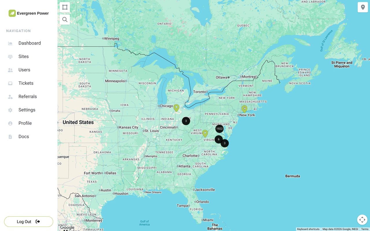 The Sales Map with installed systems grouped into counts across the East Coast