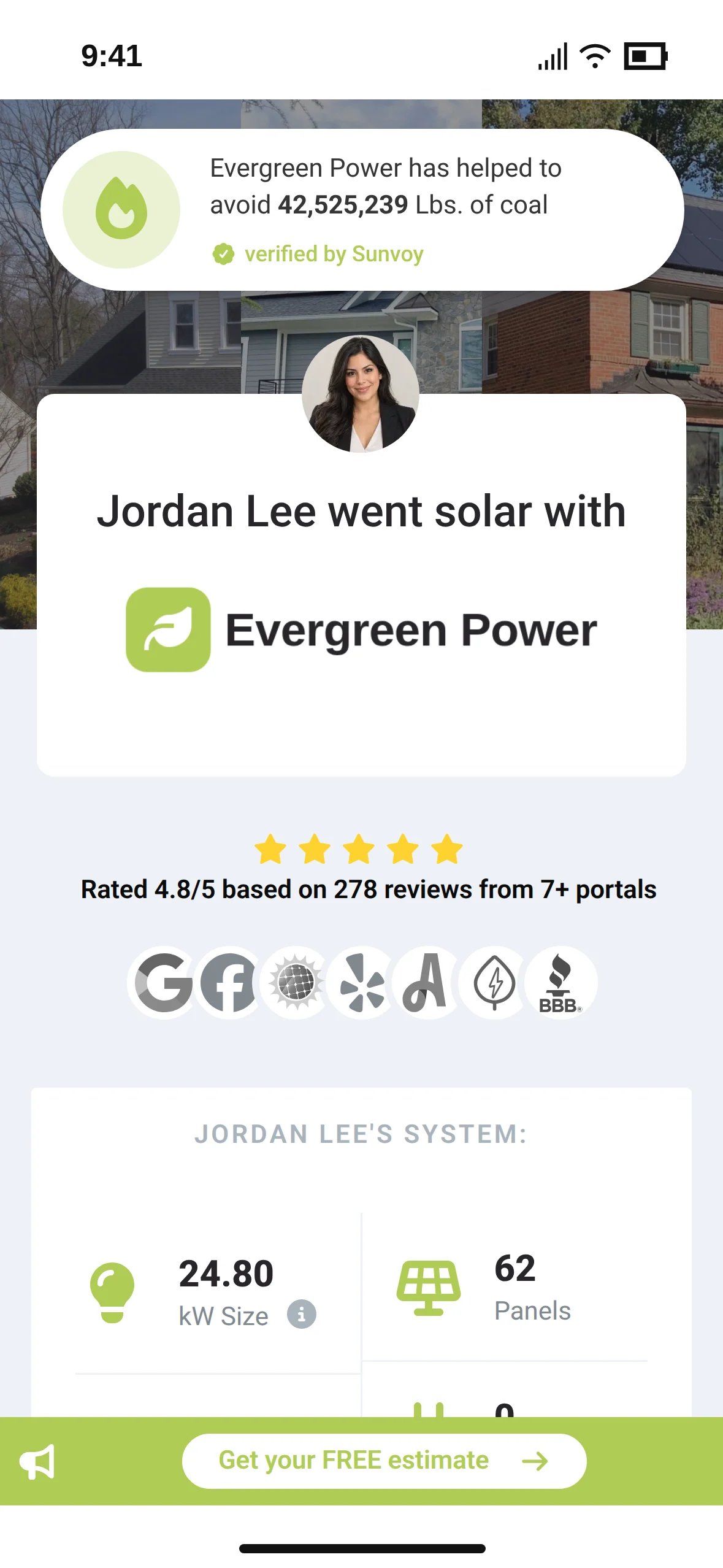 A homeowner's personal referral page with the installer's review rating and the coal its fleet has avoided