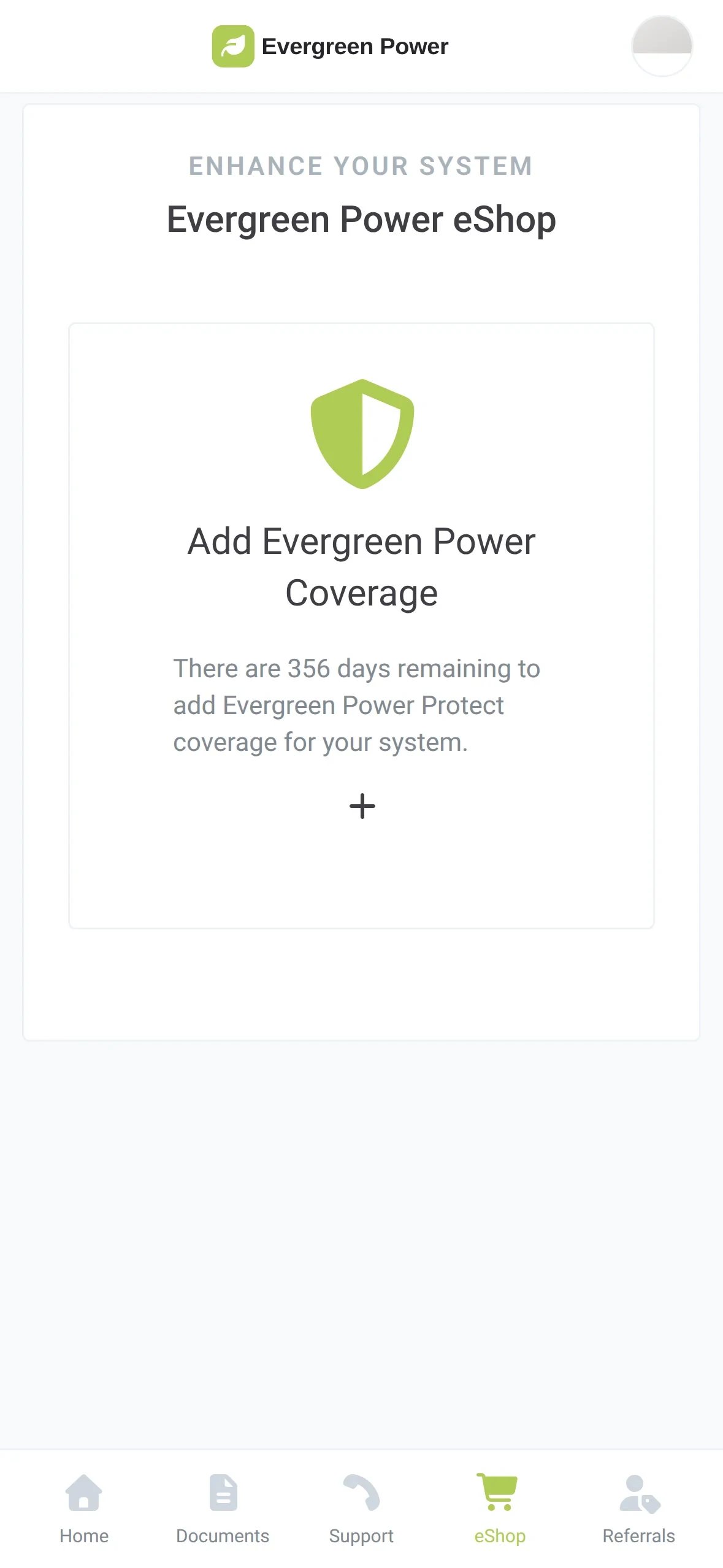 The homeowner eShop with the card Add Evergreen Power Coverage
