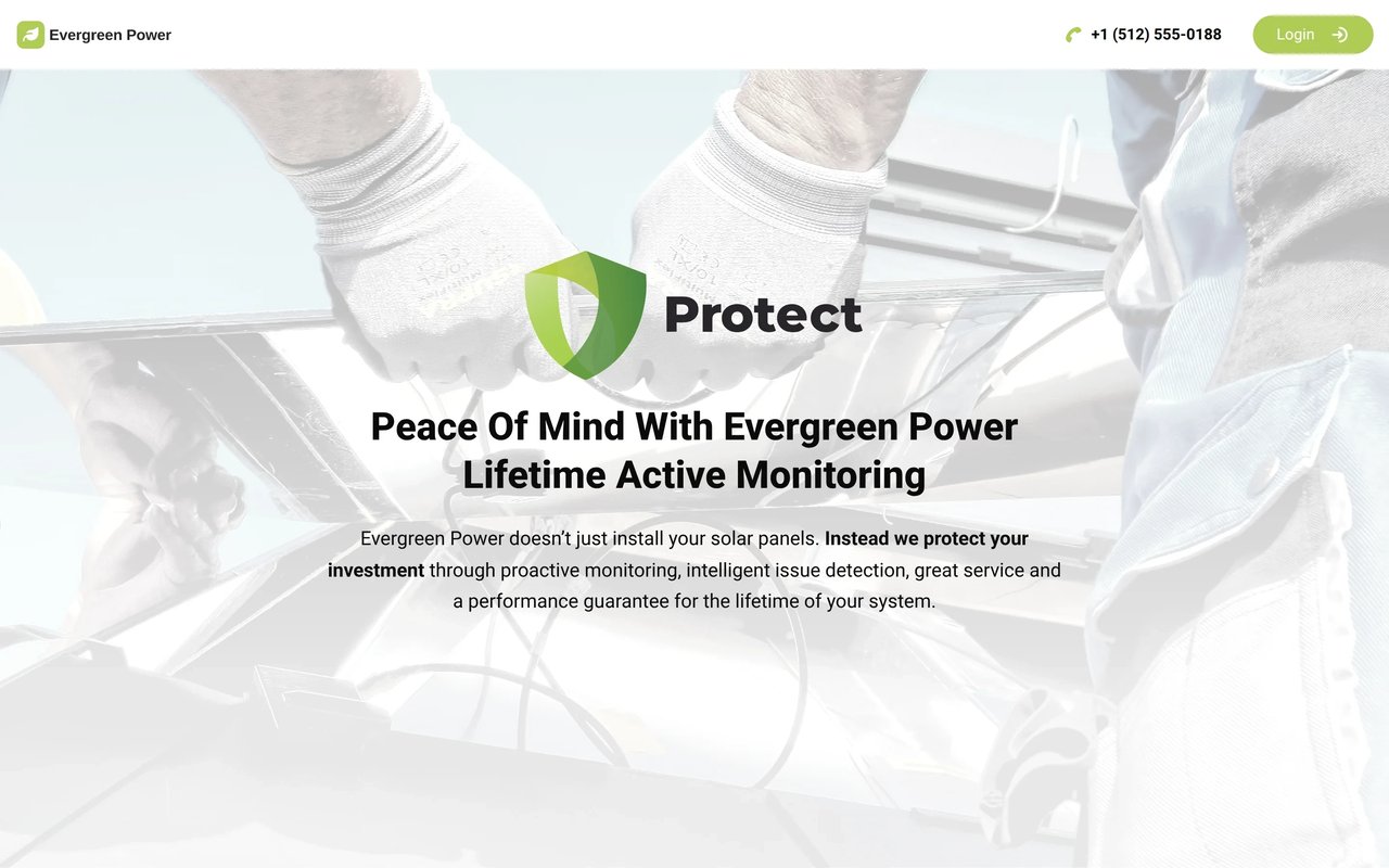 A public Protect page with the installer's brand, a shield logo and the headline Peace of mind with lifetime active monitoring