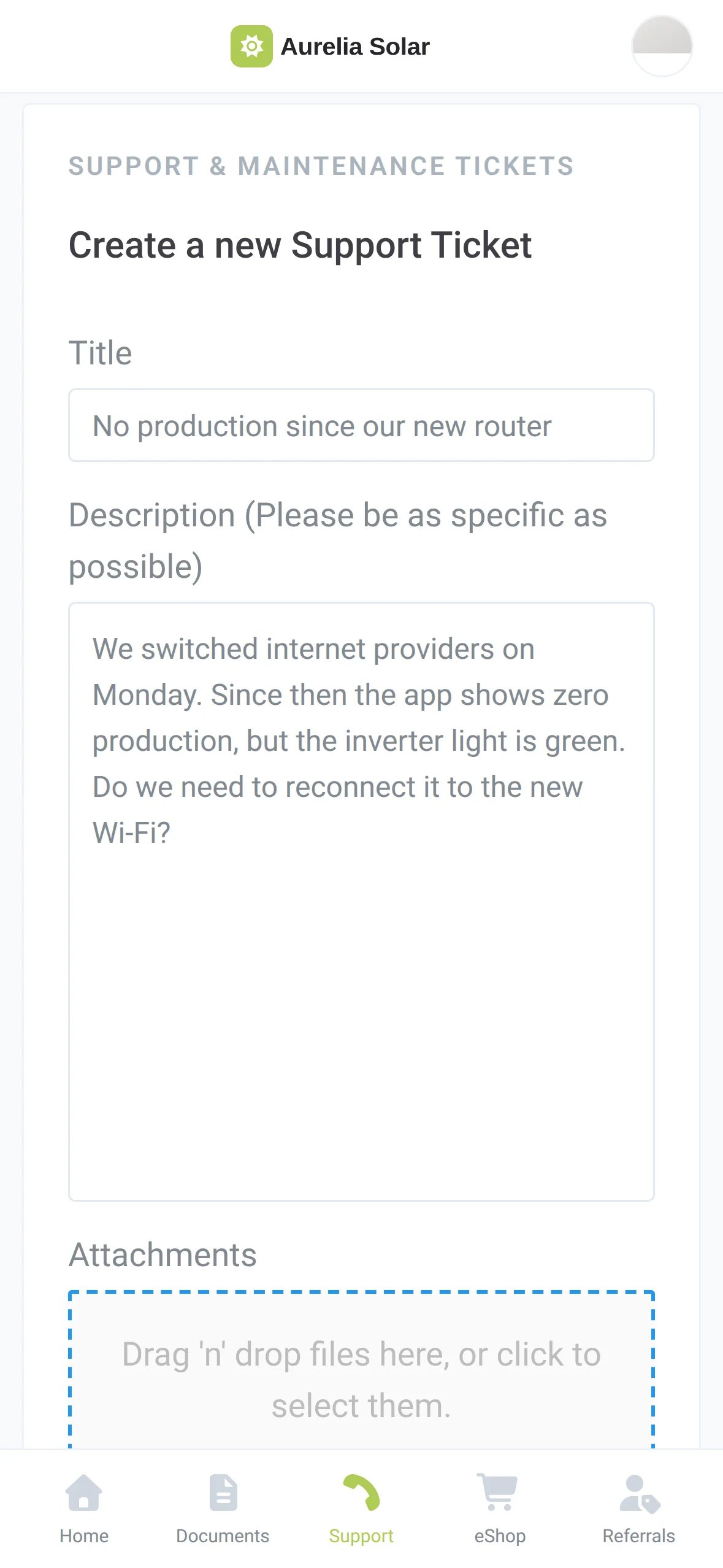 A homeowner opens a new support ticket in their installer's app