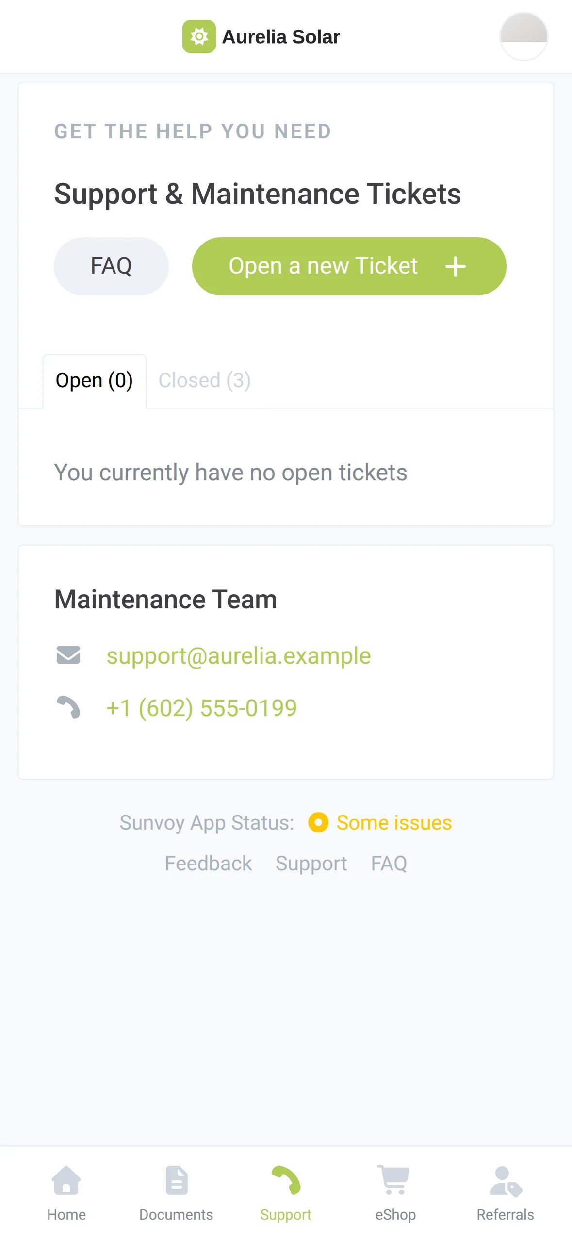 The Support screen of the homeowner app with the FAQ, the Open a new Ticket button, open and closed tickets and the maintenance team's contact details