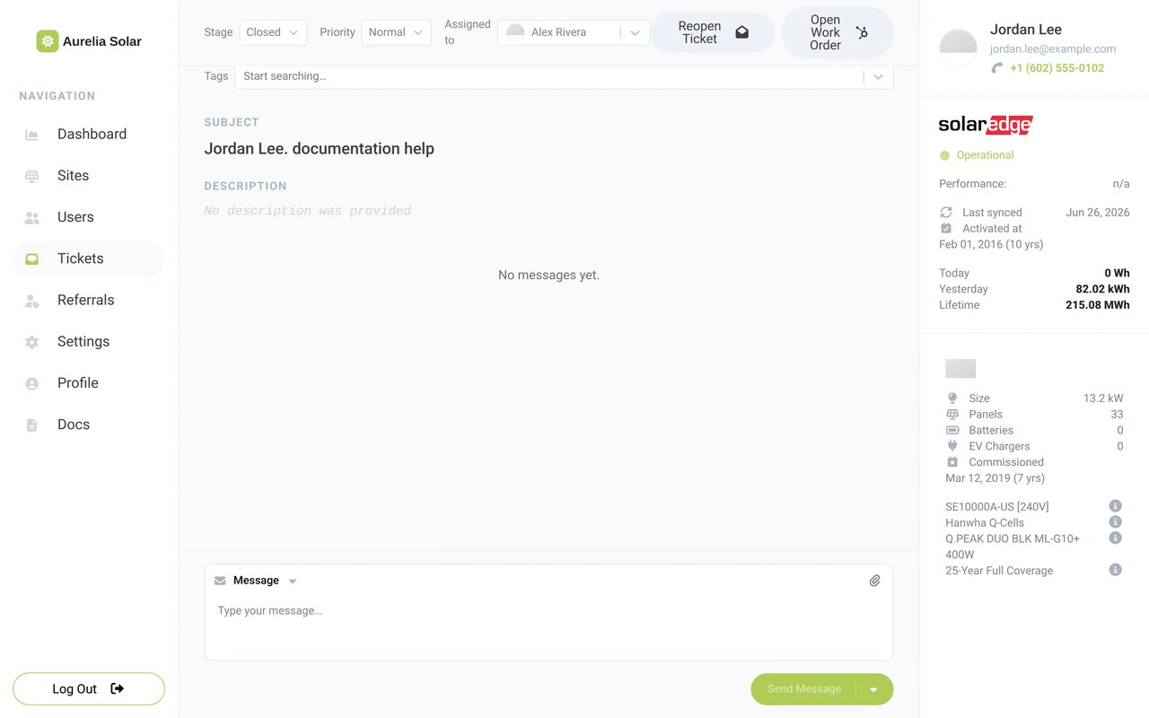 A ticket in Sunvoy with stage, priority and assignee at the top, the chat in the middle and the customer's system data in the sidebar