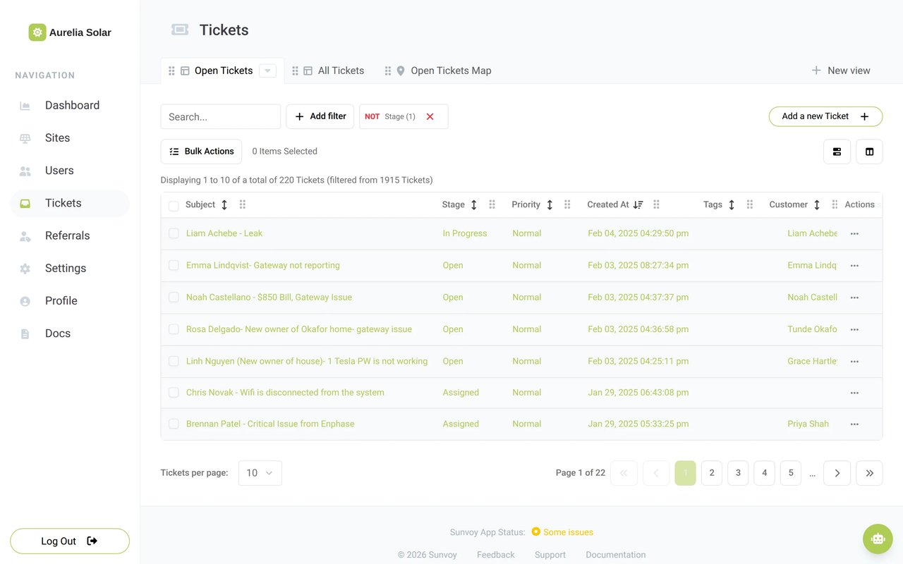 The Tickets list in Sunvoy with open tickets, their stage, priority and customer