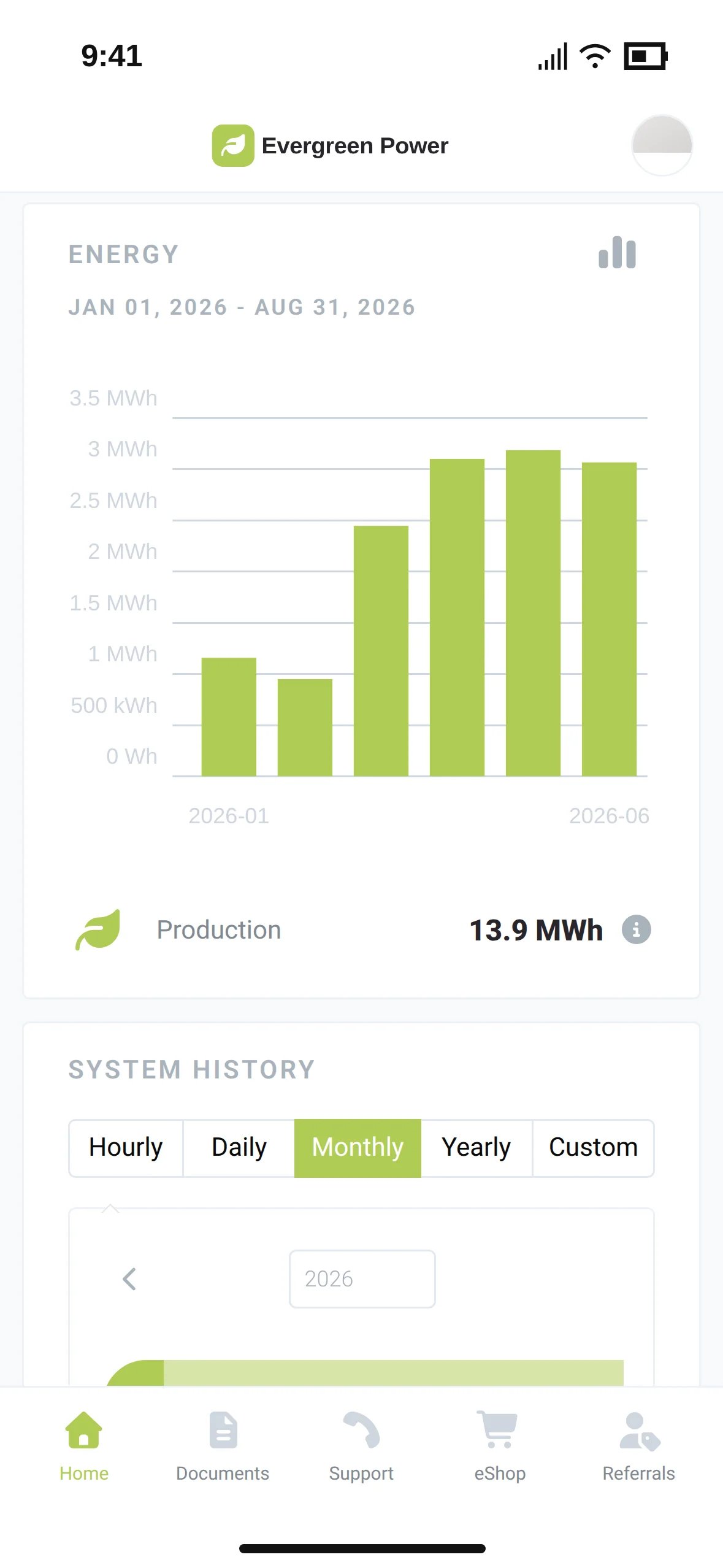 The Energy tile in the homeowner app with monthly production bars from January to June