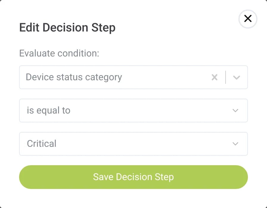 La ventana de Edit Decision Step con la condición La categoría de estado del dispositivo es igual a Crítico