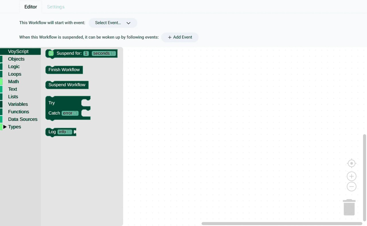 El editor de Workflows de VoyScript con las categorías de bloques VoyScript, Objetos, Lógica, Bucles, Matemáticas, Texto, Listas, Variables, Funciones, Fuentes de datos y Tipos
